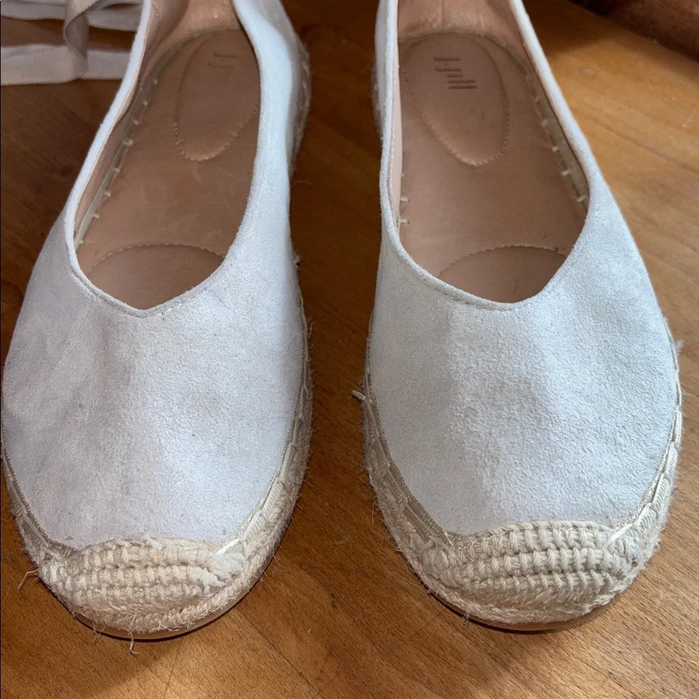 J. Jill Elegant Cream Suede Leather Flat Espadrilles, Ankle Tie Ribbon, NWOT